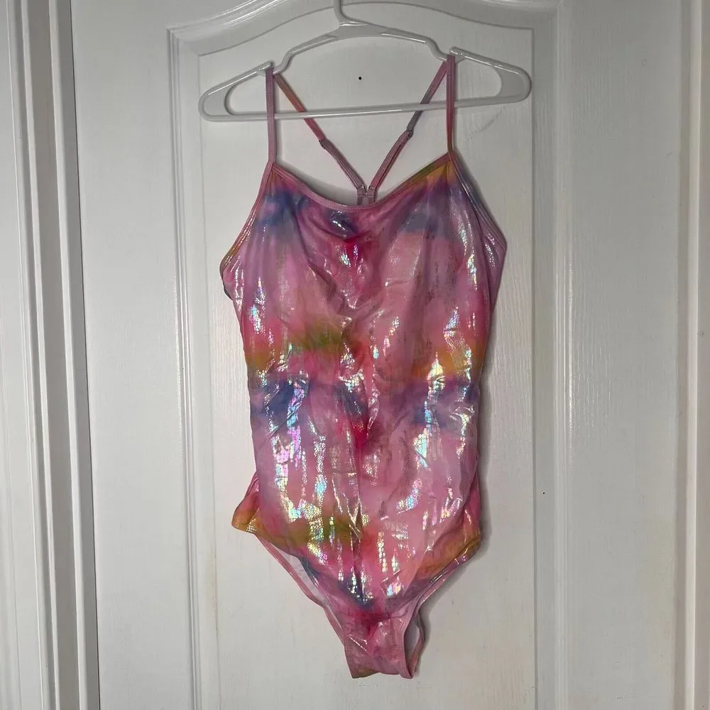 Pink Iridescent Tie Dye‎ Holographic Scale One Piece Swimsuit XL Mermaidcore